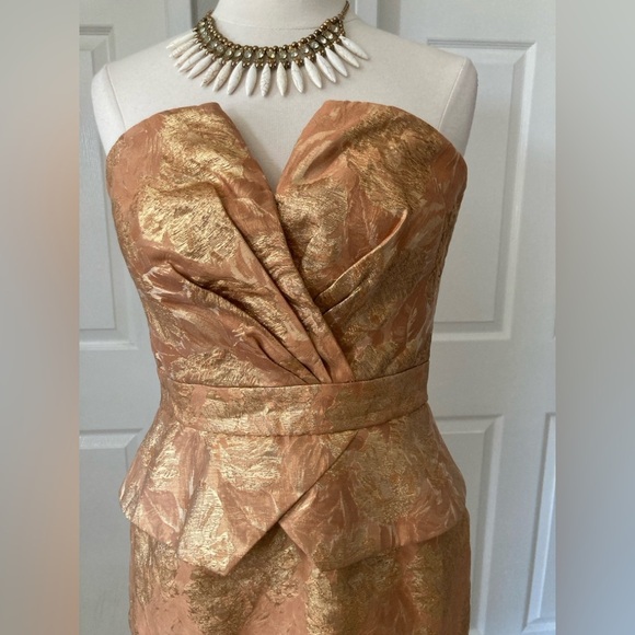 Theia Strapless Sheath Dress Gold Bronze Floral Size 4 - Picture 2 of 14
